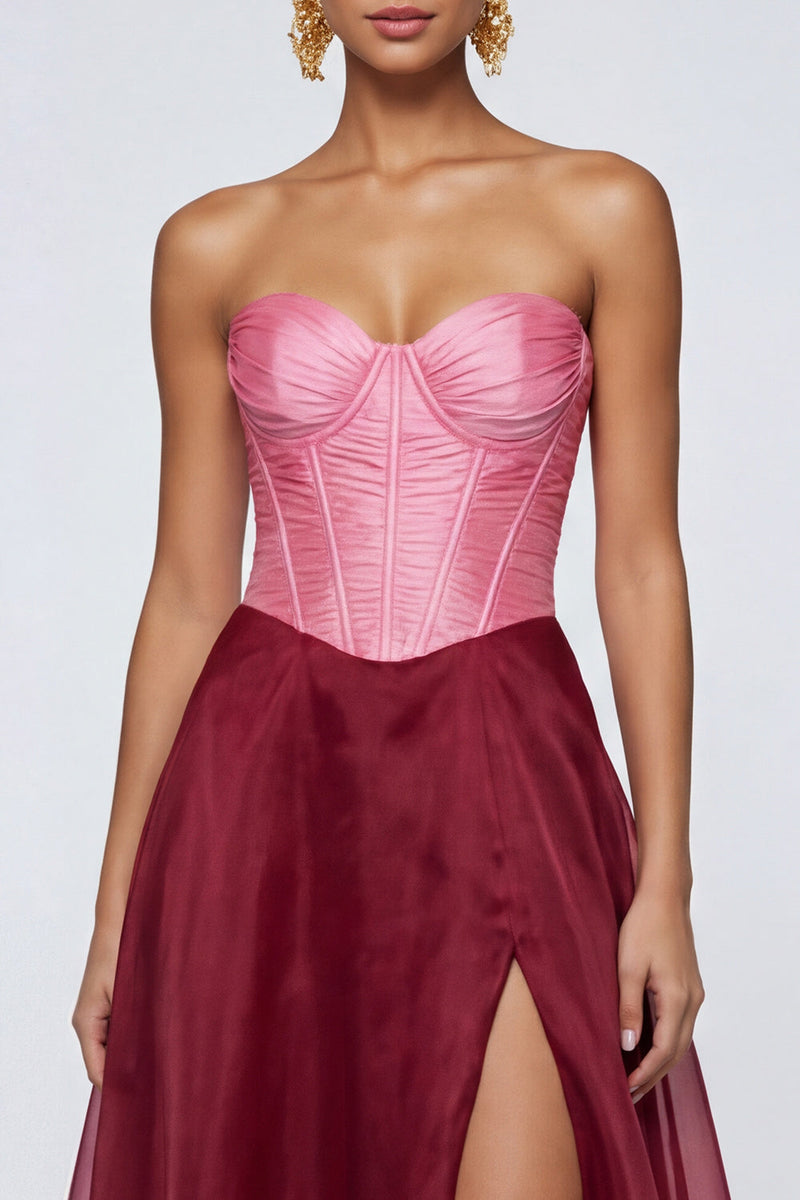 Load image into Gallery viewer, Pink and Burgundy Patchwork A Line Long Corset Formal Dress with Slit