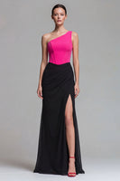 Load image into Gallery viewer, Fuchsia and Black Patchwork One Shoulder Long Corset Mermaid Formal Dress