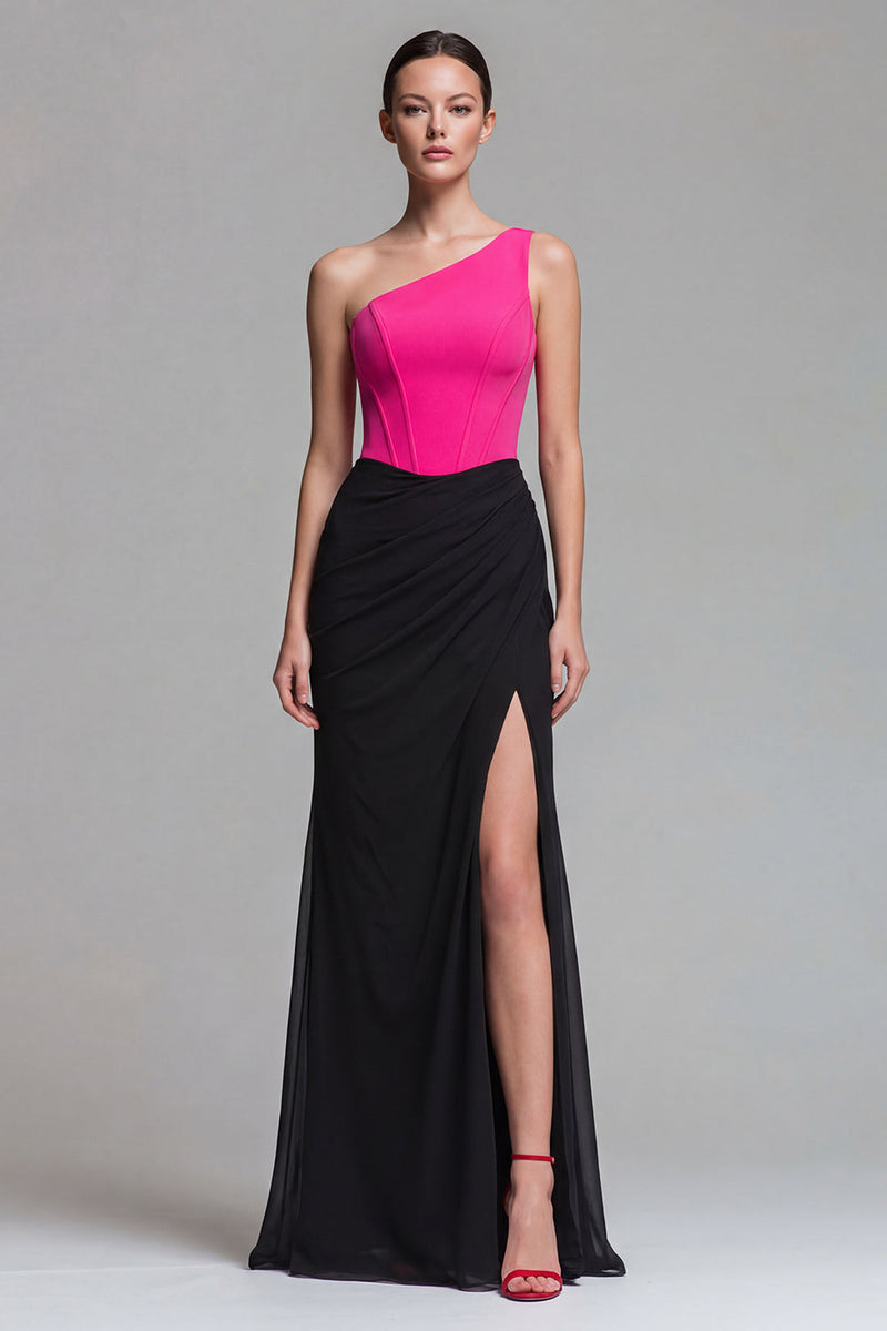 Load image into Gallery viewer, Fuchsia and Black Patchwork One Shoulder Long Corset Mermaid Formal Dress