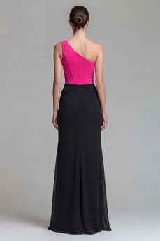 Fuchsia and Black Patchwork One Shoulder Long Corset Mermaid Formal Dress