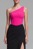 Load image into Gallery viewer, Fuchsia and Black Patchwork One Shoulder Long Corset Mermaid Formal Dress