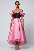 Load image into Gallery viewer, Black and Pink A Line Off the Shoulder Long Patchwork Formal Dress with Ruffles