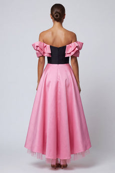 Black and Pink A Line Off the Shoulder Long Patchwork Formal Dress with Ruffles