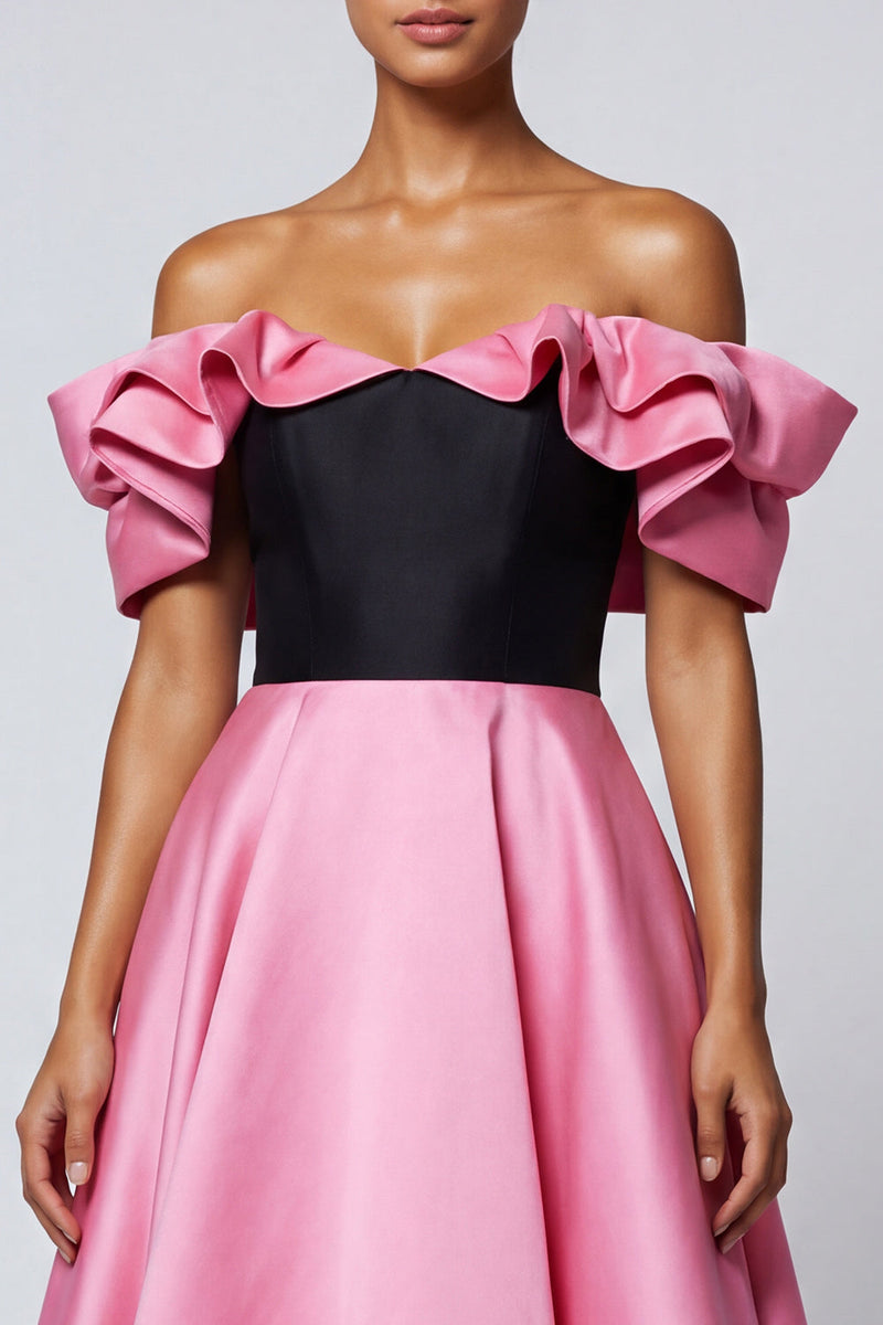Load image into Gallery viewer, Black and Pink A Line Off the Shoulder Long Patchwork Formal Dress with Ruffles