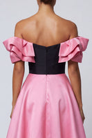 Load image into Gallery viewer, Black and Pink A Line Off the Shoulder Long Patchwork Formal Dress with Ruffles