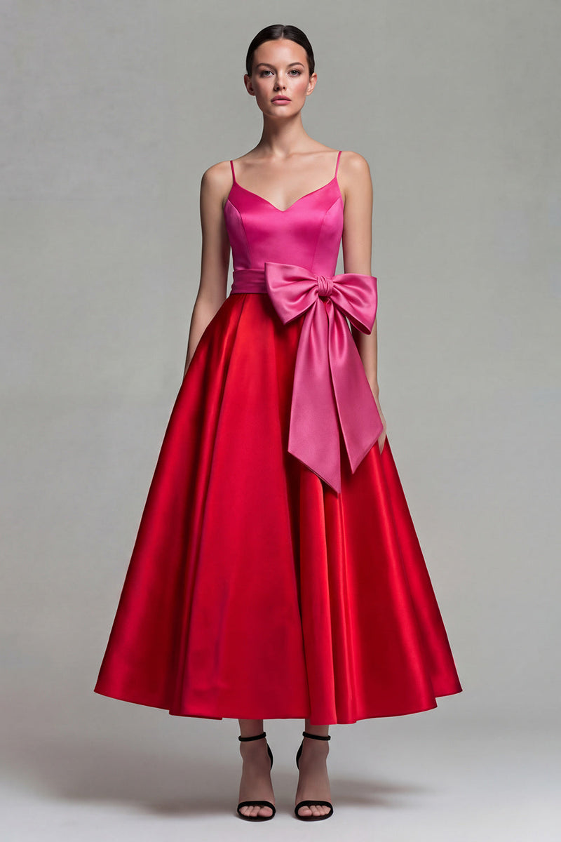 Load image into Gallery viewer, Fuchsia and Red A Line Spaghetti Straps Patchwork Long Formal Dress with Bow