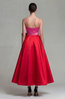 Load image into Gallery viewer, Fuchsia and Red A Line Spaghetti Straps Patchwork Long Formal Dress with Bow