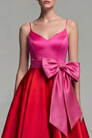 Load image into Gallery viewer, Fuchsia and Red A Line Spaghetti Straps Patchwork Long Formal Dress with Bow