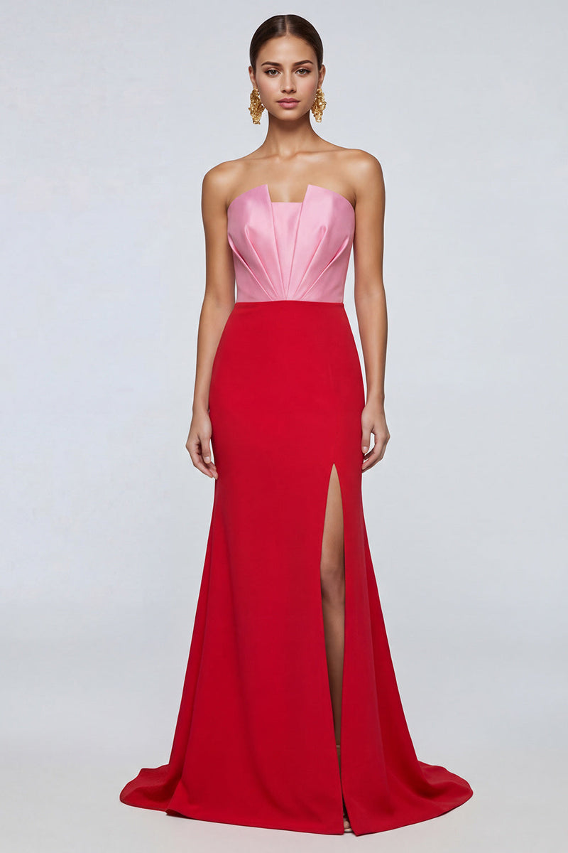 Load image into Gallery viewer, Pink and Red Patchwork Strapless Mermaid Long Formal Dress with Slit