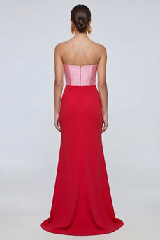 Pink and Red Patchwork Strapless Mermaid Long Formal Dress with Slit