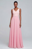 Load image into Gallery viewer, Pink V Neck A Line Ruched Patchwork Long Formal Dress