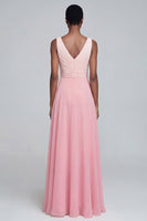Load image into Gallery viewer, Pink V Neck A Line Ruched Patchwork Long Formal Dress