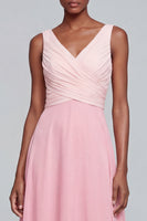 Load image into Gallery viewer, Pink V Neck A Line Ruched Patchwork Long Formal Dress