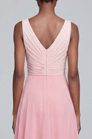 Load image into Gallery viewer, Pink V Neck A Line Ruched Patchwork Long Formal Dress