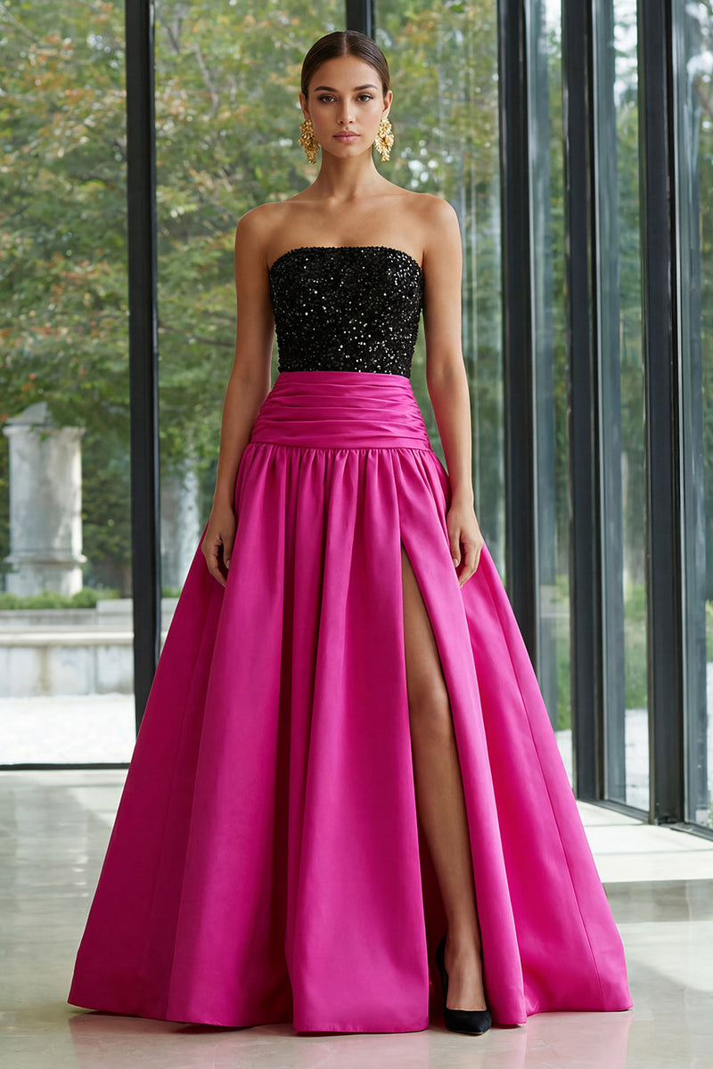Load image into Gallery viewer, Sparkly Fuchsia and Black Strapless A Line Long Patchwork Formal Dress