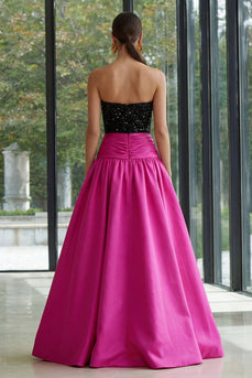 Sparkly Fuchsia and Black Strapless A Line Long Patchwork Formal Dress