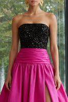 Load image into Gallery viewer, Sparkly Fuchsia and Black Strapless A Line Long Patchwork Formal Dress