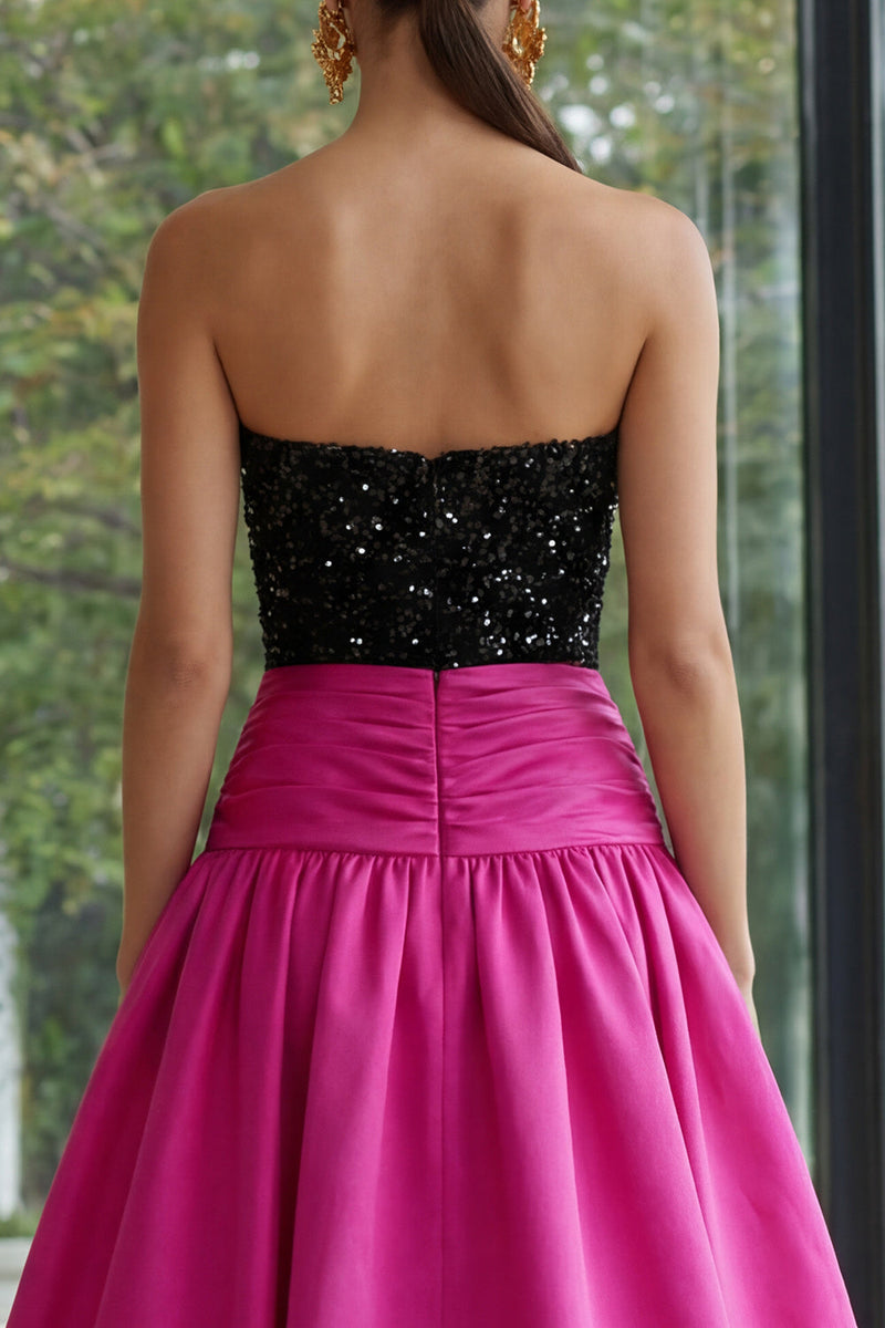 Load image into Gallery viewer, Sparkly Fuchsia and Black Strapless A Line Long Patchwork Formal Dress