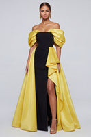 Load image into Gallery viewer, Black and Yellow Off the Shoulder Patchwork Ruffled Long Formal Dress with Slit