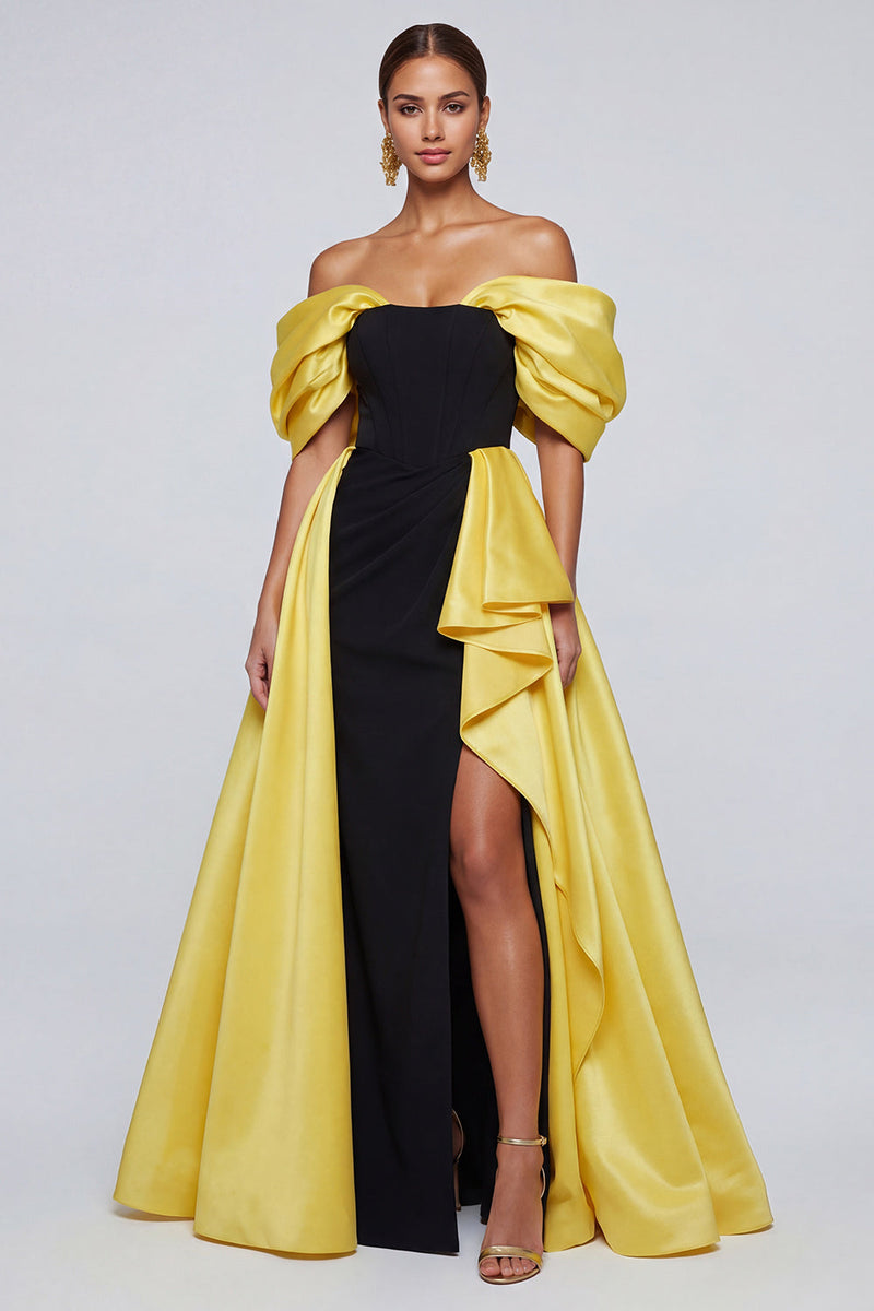 Load image into Gallery viewer, Black and Yellow Off the Shoulder Patchwork Ruffled Long Formal Dress with Slit