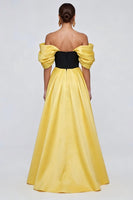 Load image into Gallery viewer, Black and Yellow Off the Shoulder Patchwork Ruffled Long Formal Dress with Slit