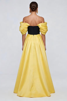 Black and Yellow Off the Shoulder Patchwork Ruffled Long Formal Dress with Slit