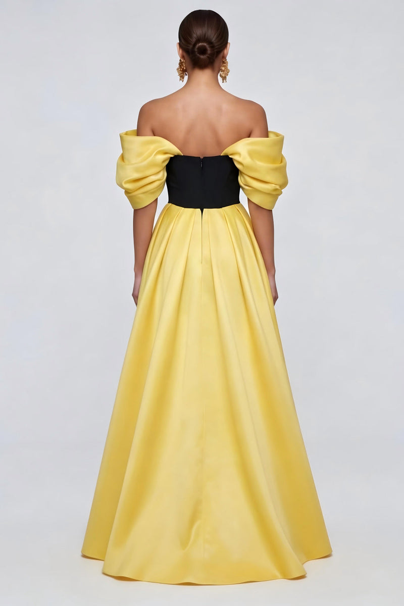 Load image into Gallery viewer, Black and Yellow Off the Shoulder Patchwork Ruffled Long Formal Dress with Slit
