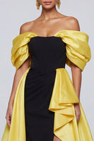 Load image into Gallery viewer, Black and Yellow Off the Shoulder Patchwork Ruffled Long Formal Dress with Slit