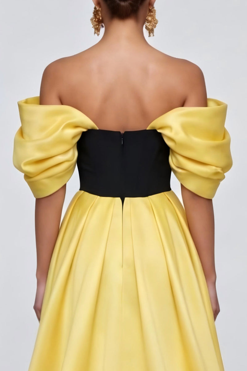 Load image into Gallery viewer, Black and Yellow Off the Shoulder Patchwork Ruffled Long Formal Dress with Slit