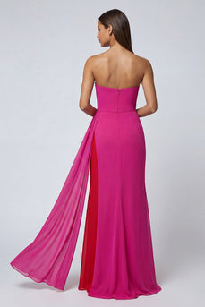 Fuchsia Strapless Patchwork Mermaid Long Formal Dress with Side Cape
