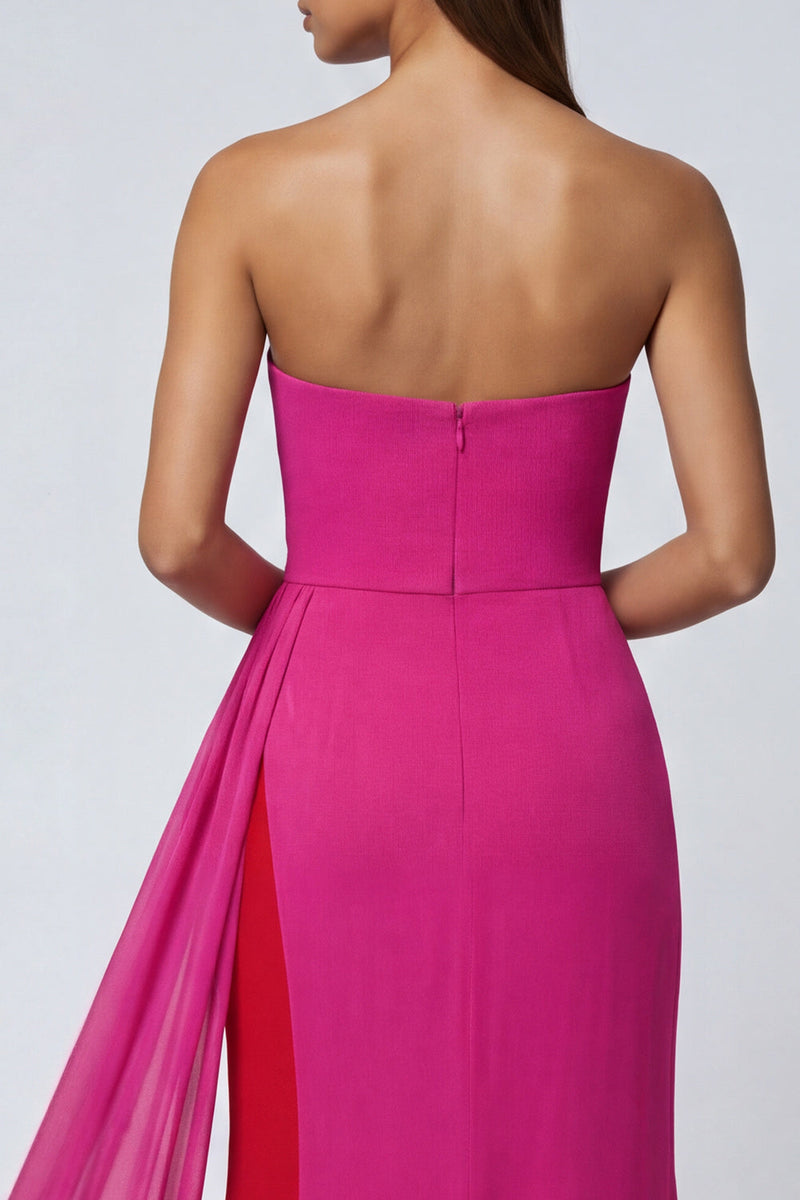 Load image into Gallery viewer, Fuchsia Strapless Patchwork Mermaid Long Formal Dress with Side Cape