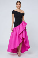 Load image into Gallery viewer, Fuchsia and Black Asymmetrical A Line Patchwork Long Formal Dress with Ruffles
