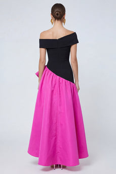 Fuchsia and Black Asymmetrical A Line Patchwork Long Formal Dress with Ruffles
