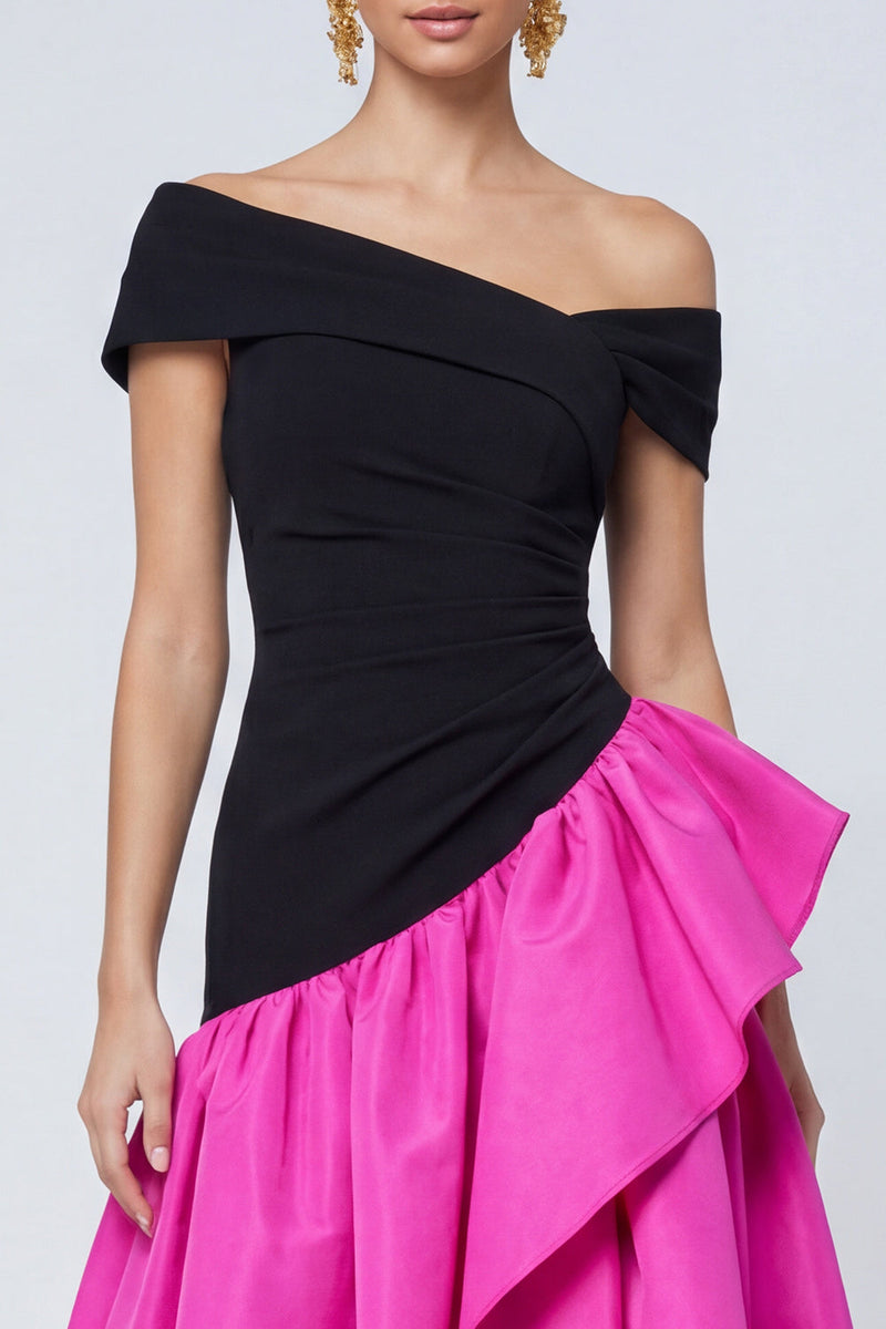 Load image into Gallery viewer, Fuchsia and Black Asymmetrical A Line Patchwork Long Formal Dress with Ruffles