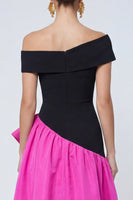 Load image into Gallery viewer, Fuchsia and Black Asymmetrical A Line Patchwork Long Formal Dress with Ruffles