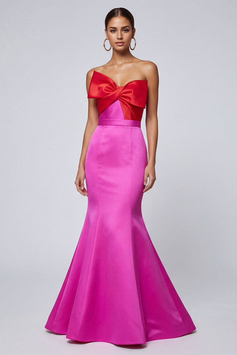Load image into Gallery viewer, Fuchsia and Red Patchwork Long Mermaid Formal Dress with Bow