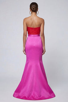 Fuchsia and Red Patchwork Long Mermaid Formal Dress with Bow