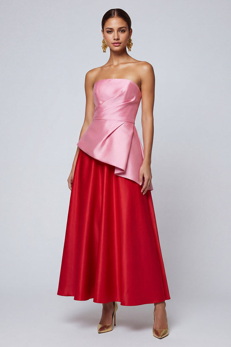Load image into Gallery viewer, Pink and Red A Line Ruffled Strapless Patchwork Long Formal Dress