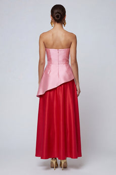 Pink and Red A Line Ruffled Strapless Patchwork Long Formal Dress