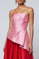 Load image into Gallery viewer, Pink and Red A Line Ruffled Strapless Patchwork Long Formal Dress