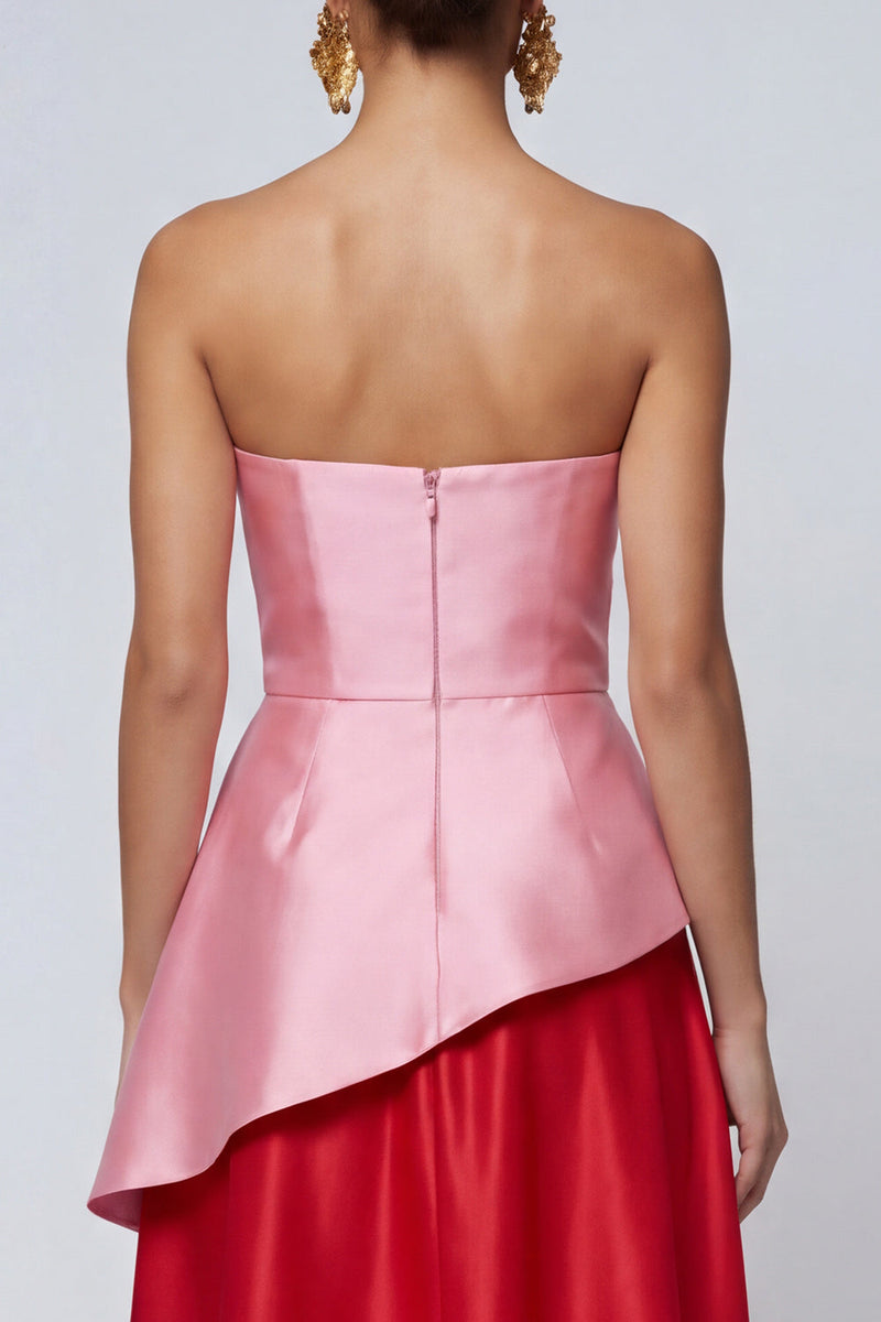 Load image into Gallery viewer, Pink and Red A Line Ruffled Strapless Patchwork Long Formal Dress