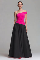 Load image into Gallery viewer, Fuchsia and Black A Line One Shoulder Patchwork Long Formal Dress