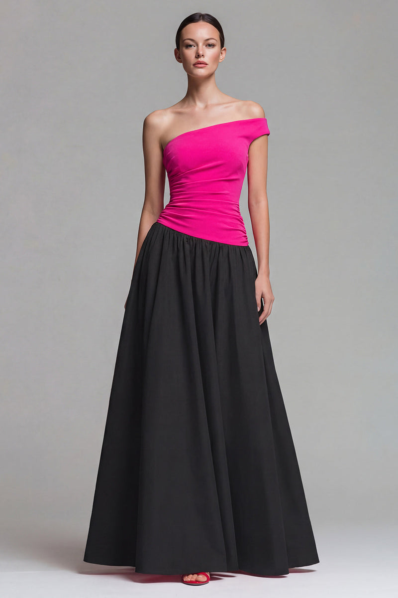 Load image into Gallery viewer, Fuchsia and Black A Line One Shoulder Patchwork Long Formal Dress
