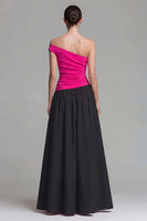 Load image into Gallery viewer, Fuchsia and Black A Line One Shoulder Patchwork Long Formal Dress