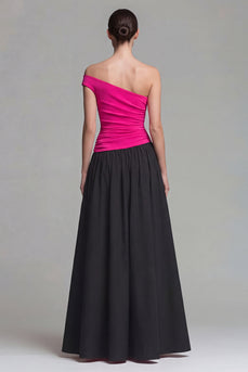 Fuchsia and Black A Line One Shoulder Patchwork Long Formal Dress