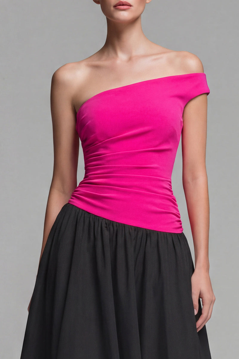 Load image into Gallery viewer, Fuchsia and Black A Line One Shoulder Patchwork Long Formal Dress