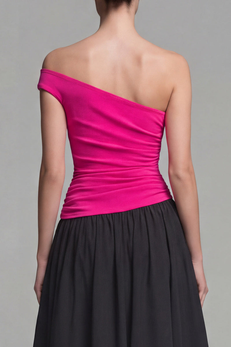 Load image into Gallery viewer, Fuchsia and Black A Line One Shoulder Patchwork Long Formal Dress