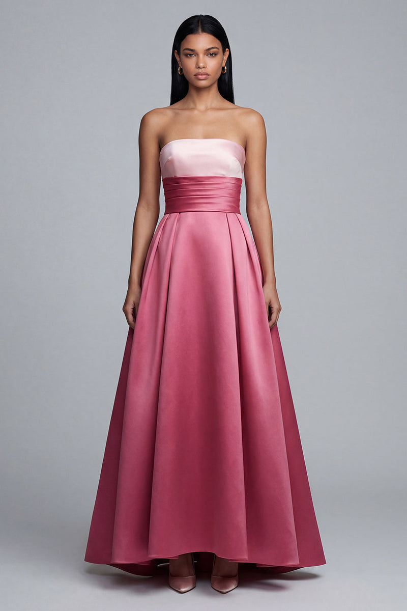 Load image into Gallery viewer, Pink A Line Satin Patchwork Strapless Long Formal Dress
