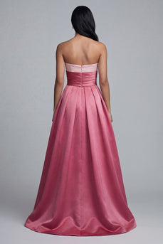 Pink A Line Satin Patchwork Strapless Long Formal Dress