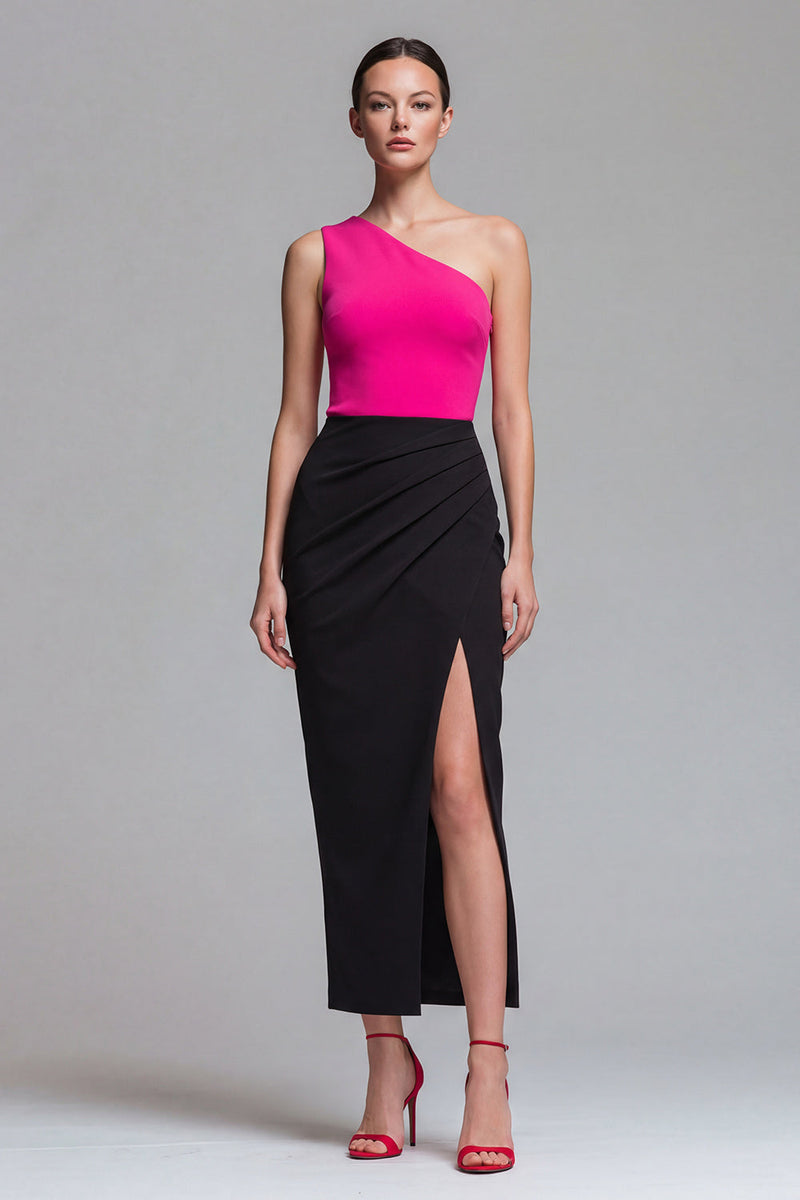 Load image into Gallery viewer, Fuchsia and Black Patchwork One Shoulder Long Formal Dress